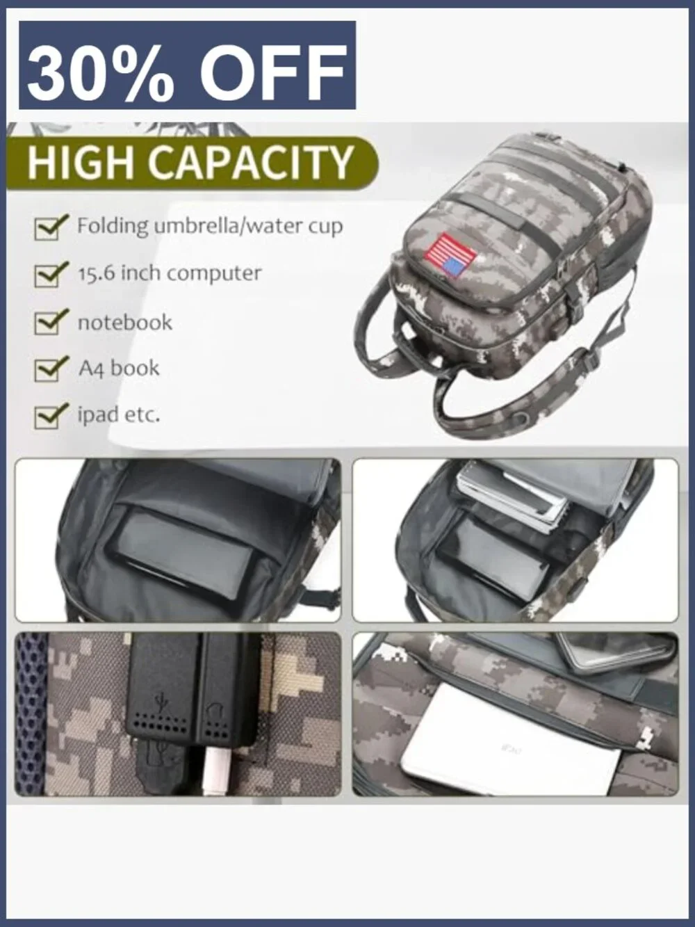 Kids School Backpack with USB Charging Port, Camo Print, 3 Compartments,
